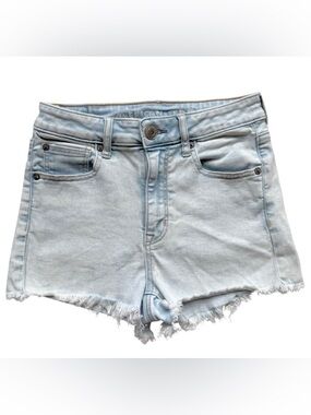 American Eagle Super Hi-Rise Shortie Shorts Stretch Light Bleach Wash Raw Hem 4